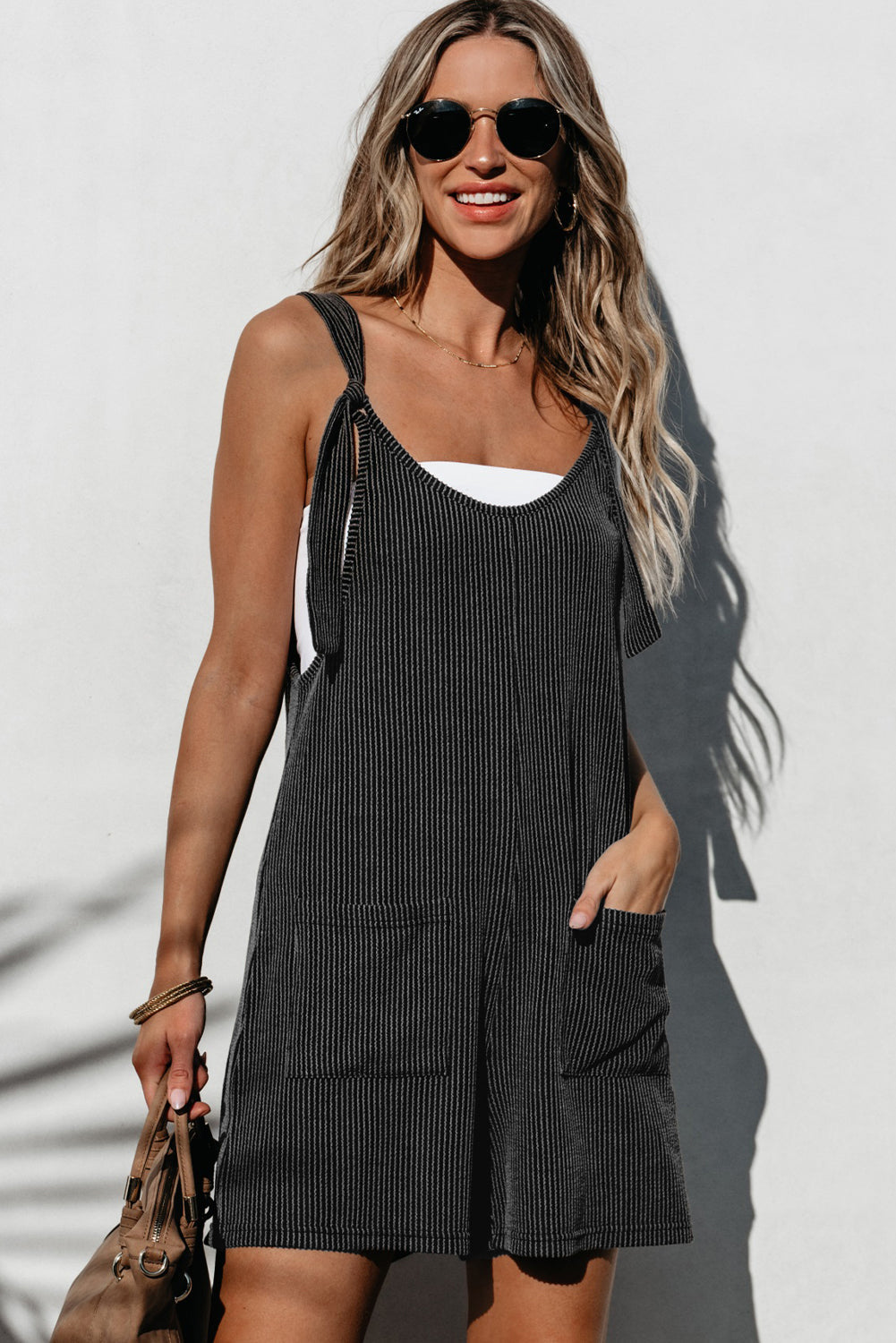 Striped Knotted Straps Pocketed Romper