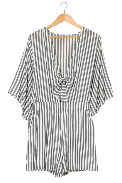 Kimono Sleeves Tie Front Striped Romper