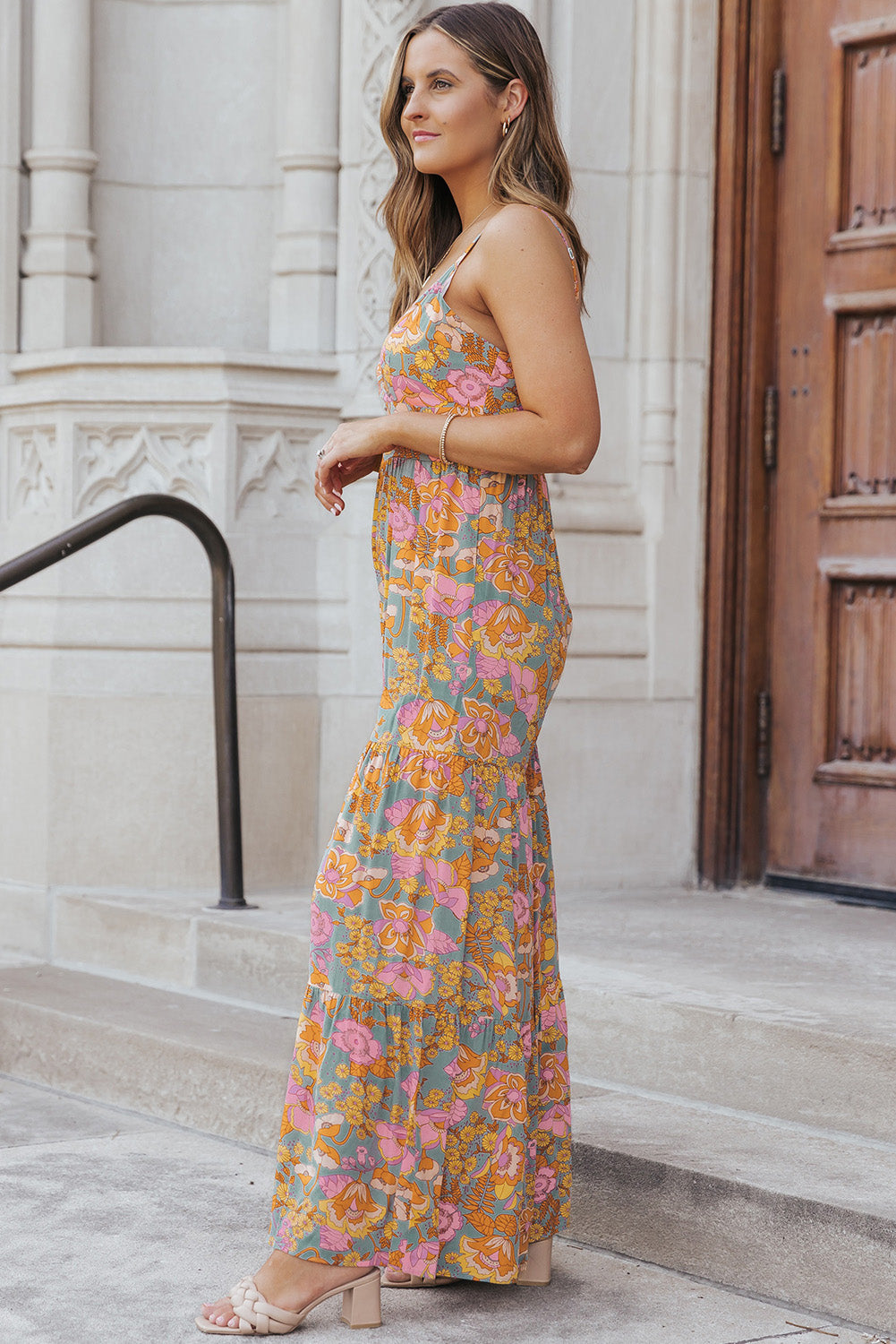 Straps Floral Tiered Wide Leg Jumpsuit