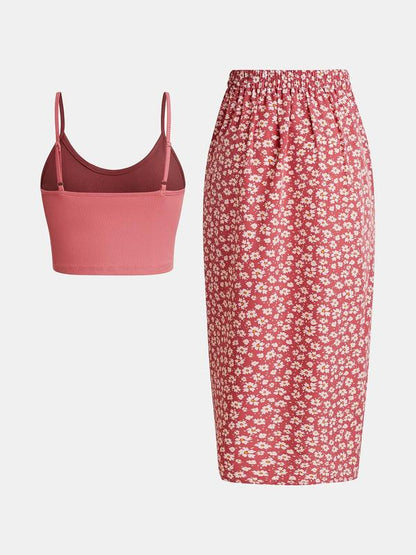 Women's Crop Cami Top &amp; Ditsy Floral Print Asymmetrical Twist Skirt Set