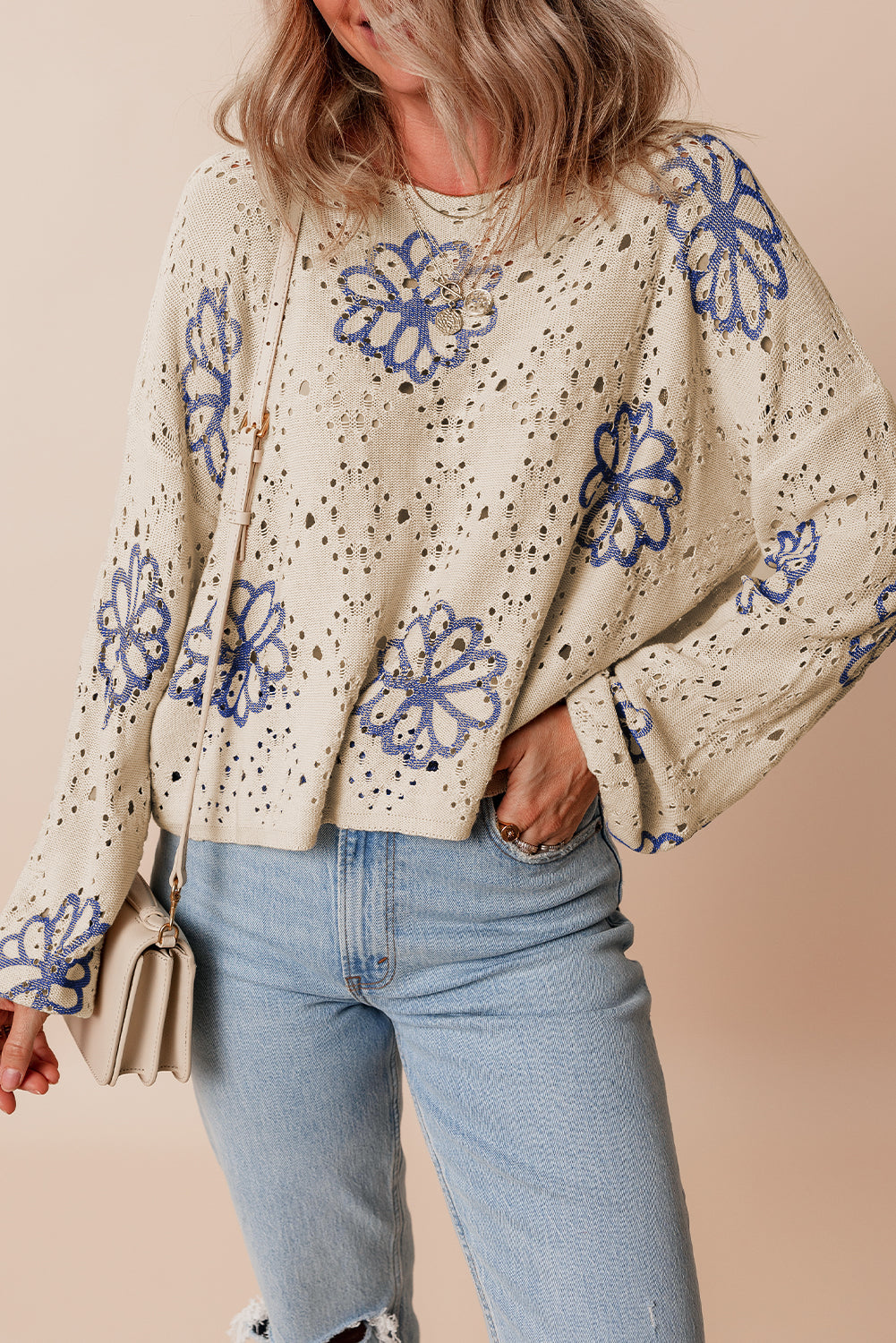 Contrast Flower Print Eyelet Sweater