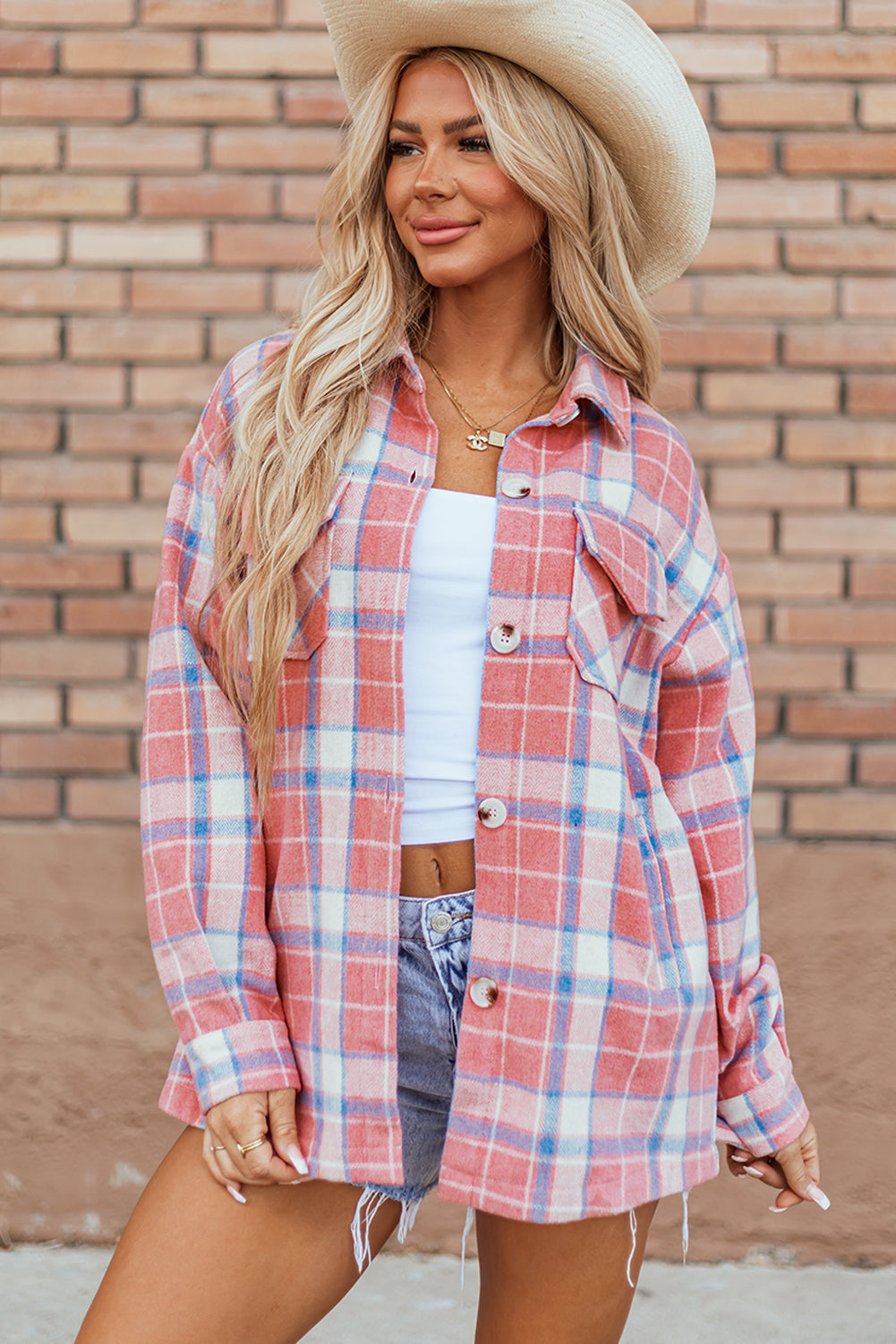 Plaid Flap Pocket Button Up Shacket