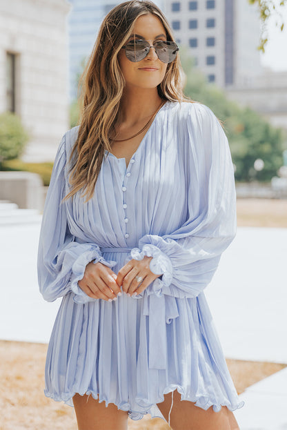 Pleated Ruffled Tie Waist Buttons Romper