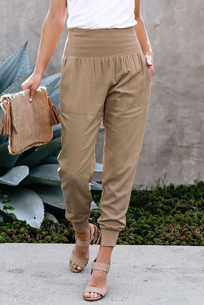 Women's Khaki Wide Waistband Pocketed Joggers