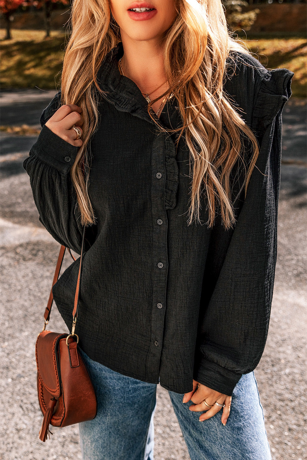 Textured Ruffled Trim Loose Fit Shirt