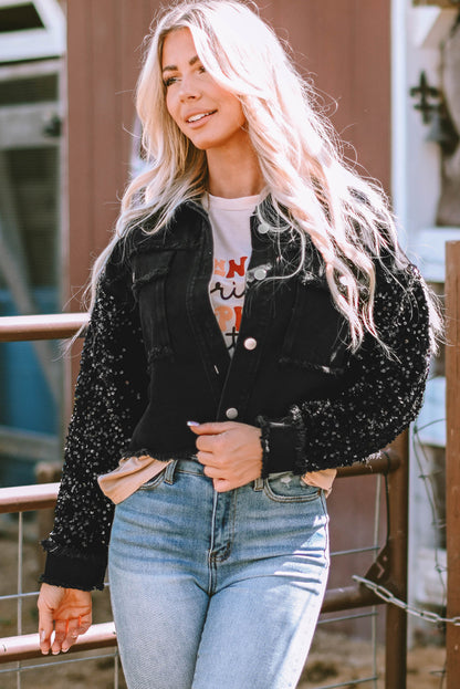 Sequin Raw Hem Denim Jacket