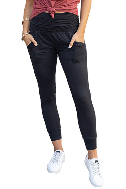 High Waist Black Pleated Pocket Leggings