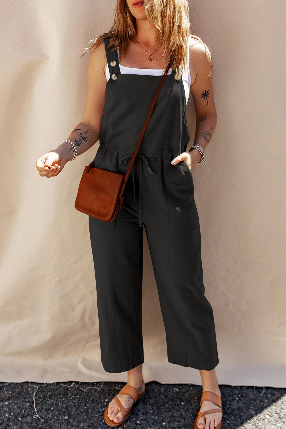 Drawstring Straps Cropped Overall