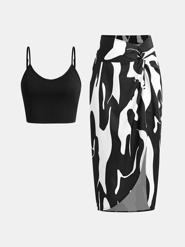 Women's Crop Cami Top &amp; Ditsy Floral Print Asymmetrical Twist Skirt Set