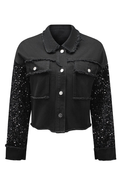 Sequin Raw Hem Denim Jacket