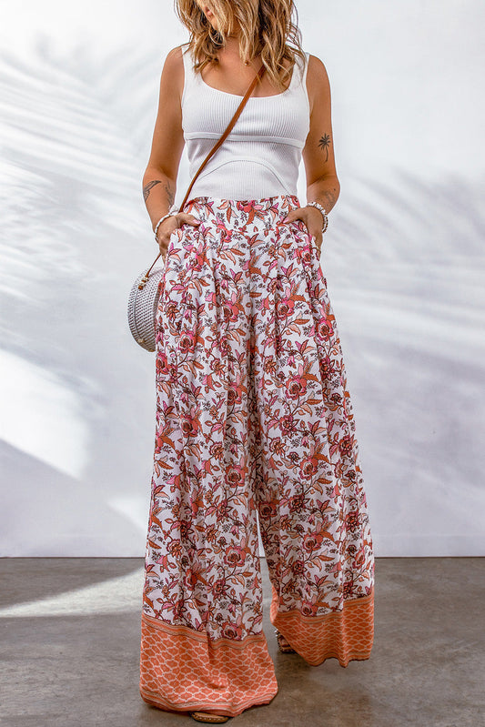 Floral Shirred High Waist Wide Leg Pants