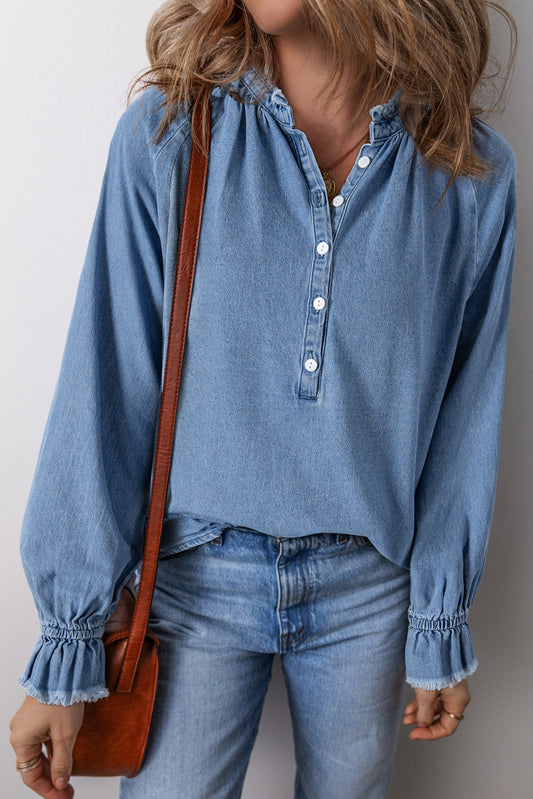 Frilled Raw Buttoned Denim Top