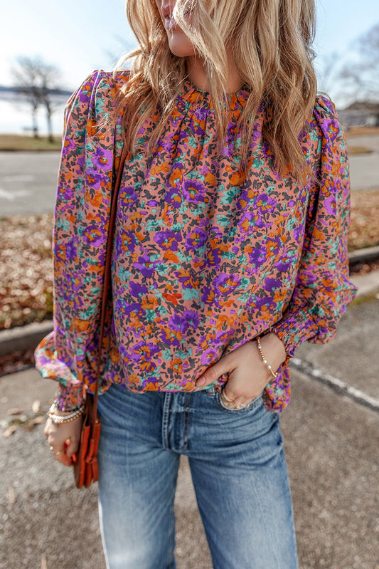 Floral Shirred Cuff Frilled O Neck Blouse