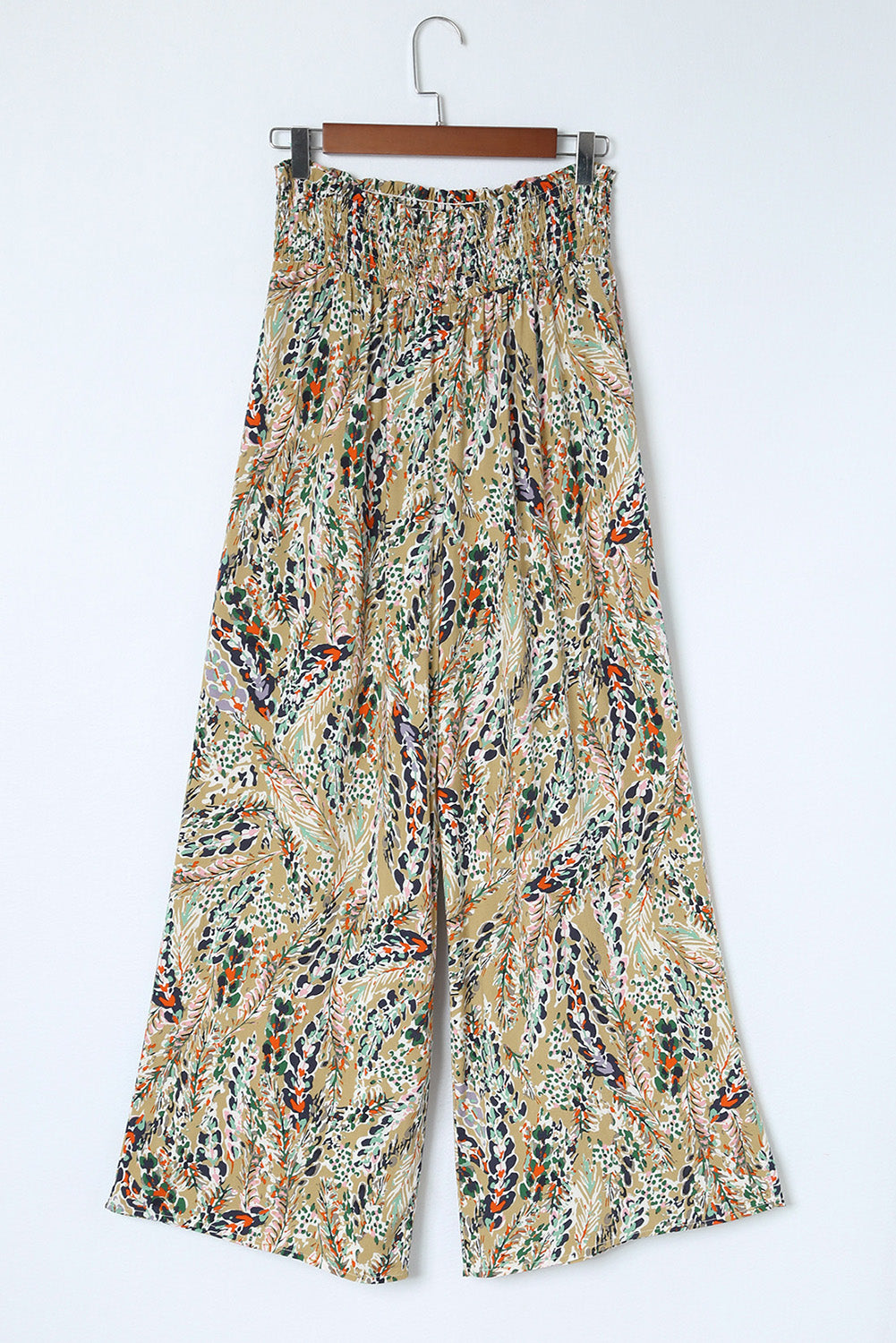 Floral Print Shirred High Waist Wide Leg Casual Pants