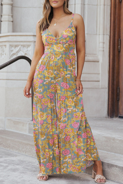 Straps Floral Tiered Wide Leg Jumpsuit