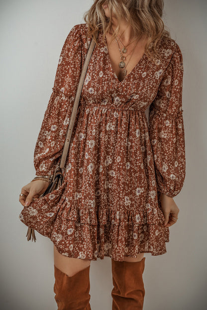 Boho Floral Ruffled Puff Sleeve Mini Dress