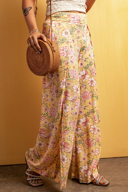 Floral Print High Slit Wide Leg Pants