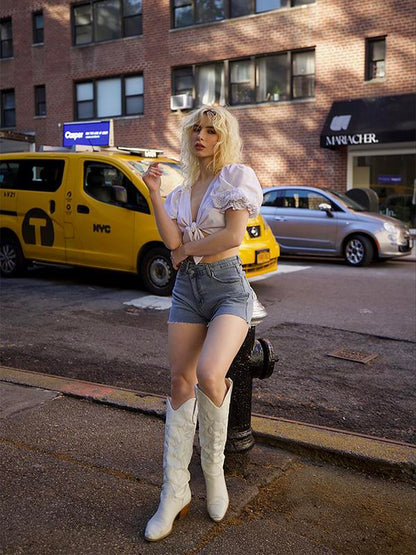 Genleck Women Crossover High Waisted Jeans  Shorts Stretchy Casual Shorts Boyfriend Summer Womenswear Bottom Lady Jeans Underwear
