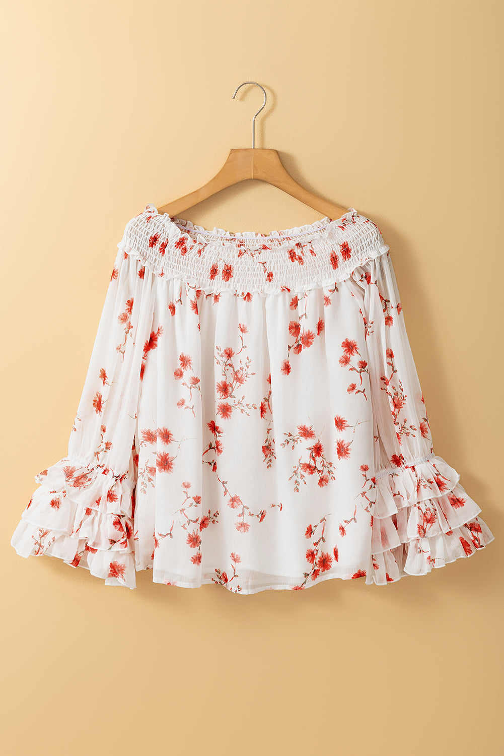 Shirred Off Shoulder Ruffled Blouse