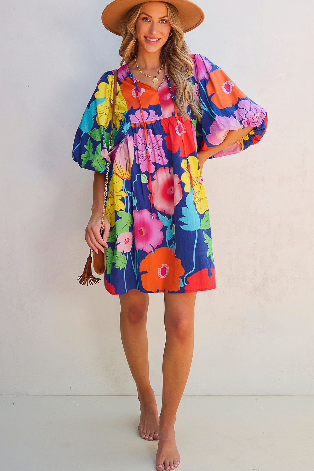 Floral Print Split Neck Babydoll Dress