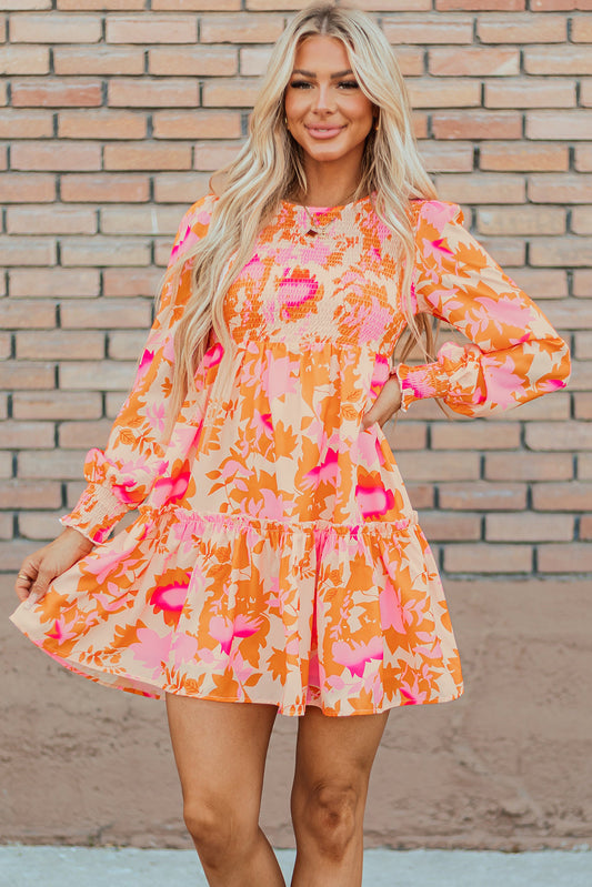 Smocked Lantern Sleeve Ruffle Mini Dress