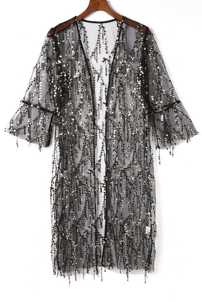 Sequin Sheer Long Sleeve Open Front Kimono