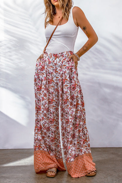 Floral Shirred High Waist Wide Leg Pants