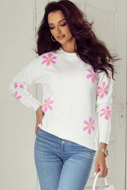 Flower Ribbed Edge Elegant Sweater