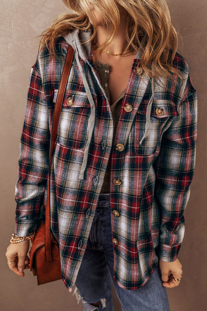 Plaid Print Chest Hooded Shacket