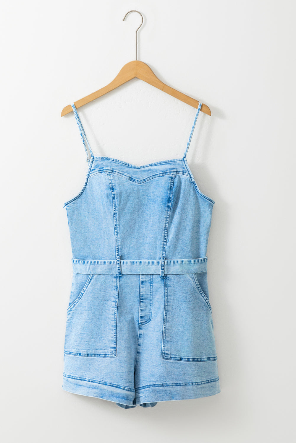 Spaghetti Straps Belted Denim Romper