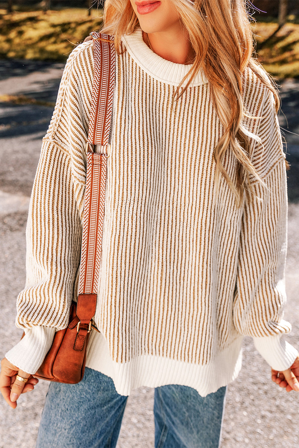 Textured Knit Contrast Edge Loose Sweater