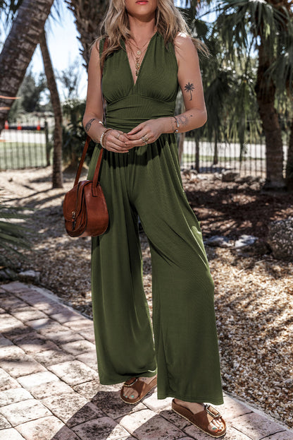 Sleeveless Ruched Wide Leg Jumpsuit