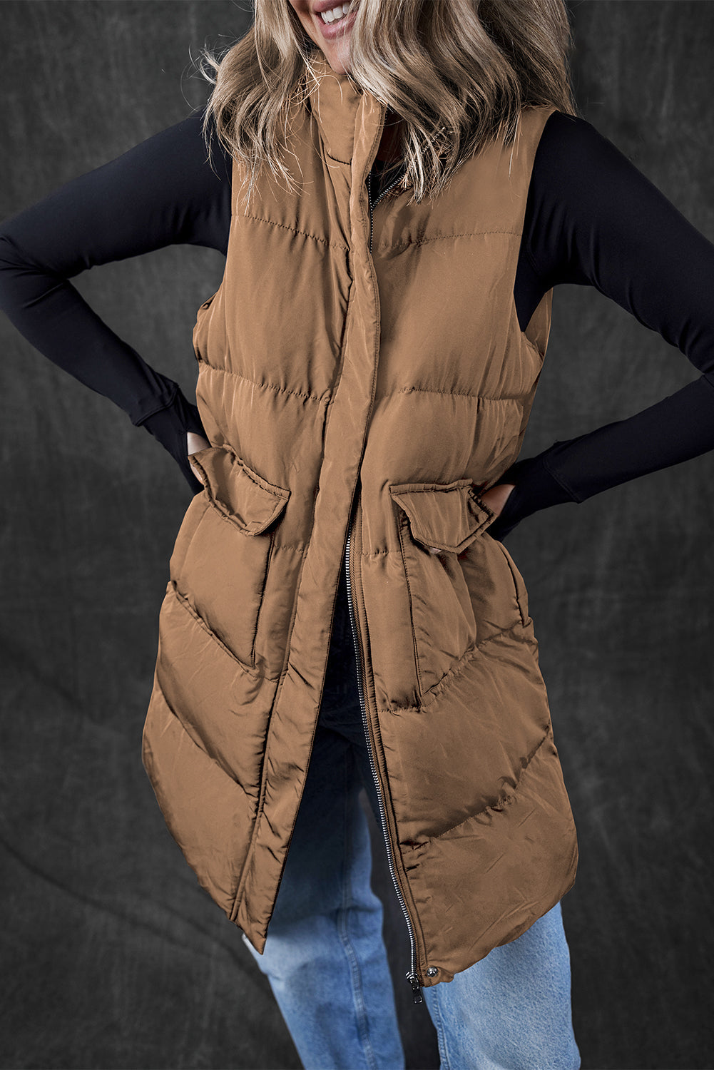 Windproof Longline Full Zipper Puffer Vest