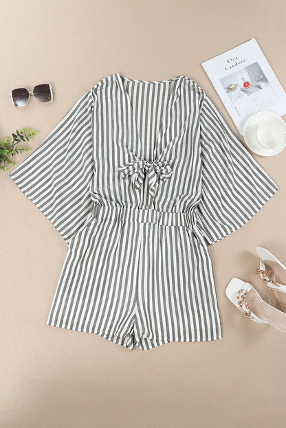 Kimono Sleeves Tie Front Striped Romper