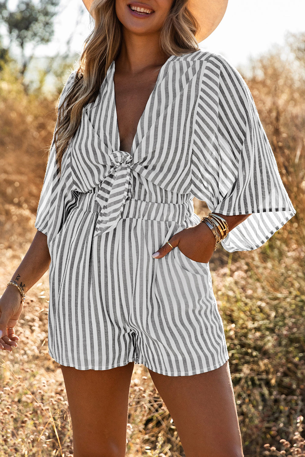 Kimono Sleeves Tie Front Striped Romper