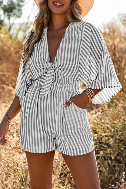 Kimono Sleeves Tie Front Striped Romper