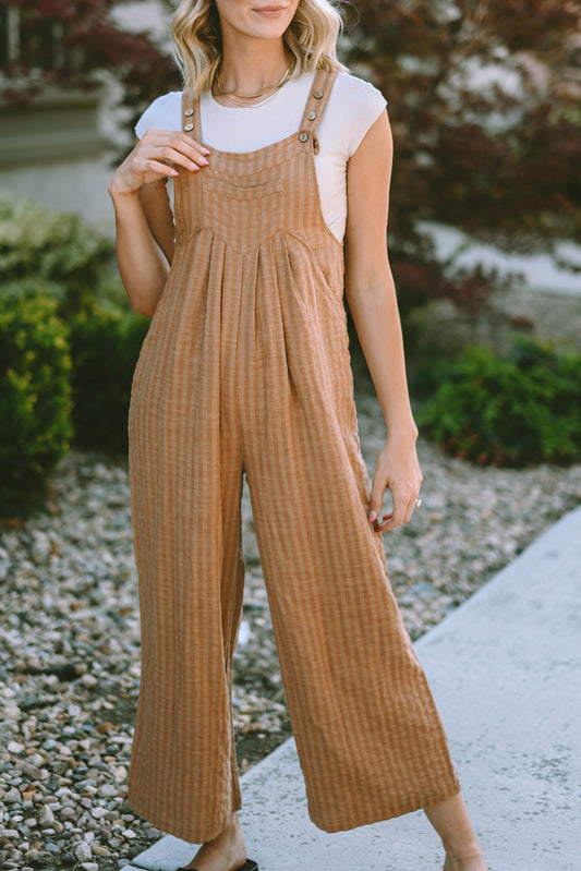 Striped Pleated Wide Leg Pocketed Jumpsuit