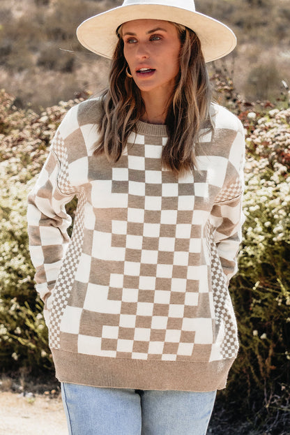 Checkered Drop Shoulder Round Neck Sweater