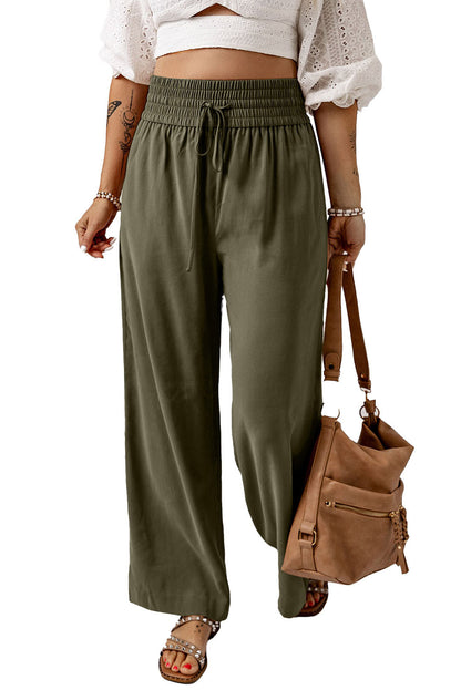 Brown Elastic Waist Casual Wide Leg Pants