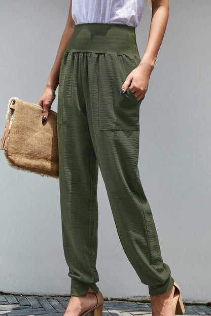 Green Pocketed Stretchy High Waistband Cotton Joggers