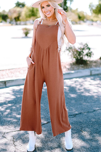 Buttoned Straps Ruched Wide Leg Jumpsuit