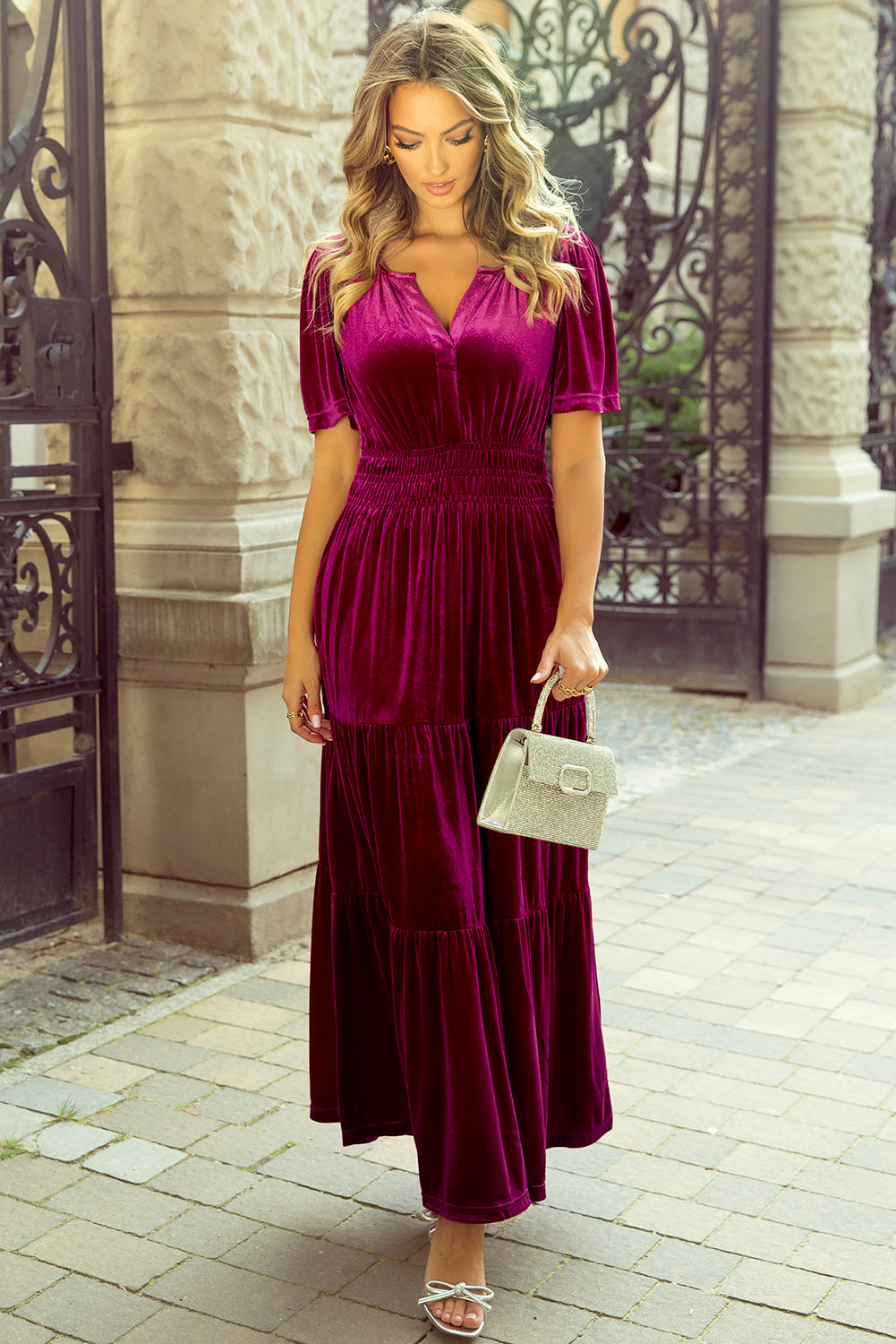 Velvet Shirred Waist Tiered Maxi Dress