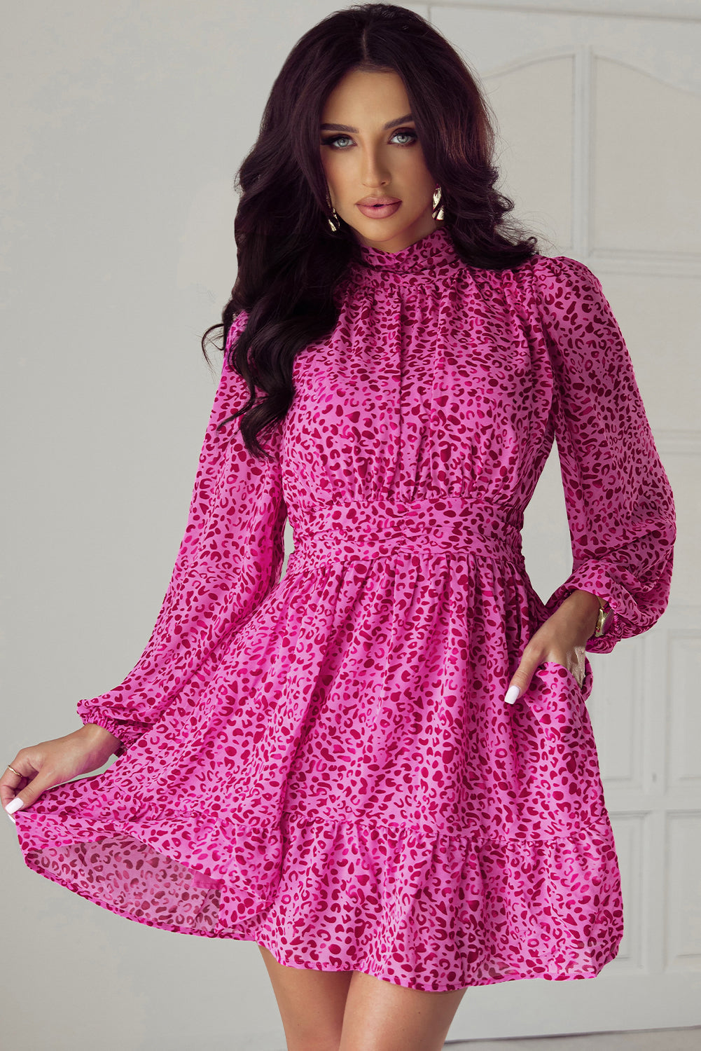 Leopard High Neck Ruffle Dress