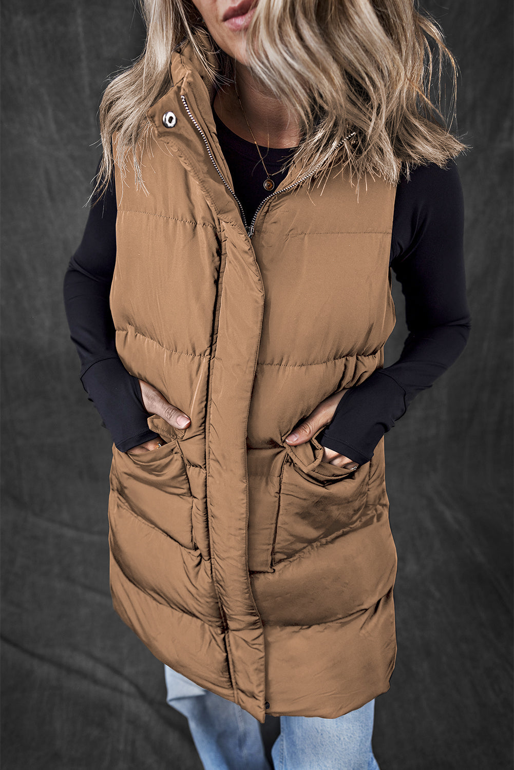 Windproof Longline Full Zipper Puffer Vest