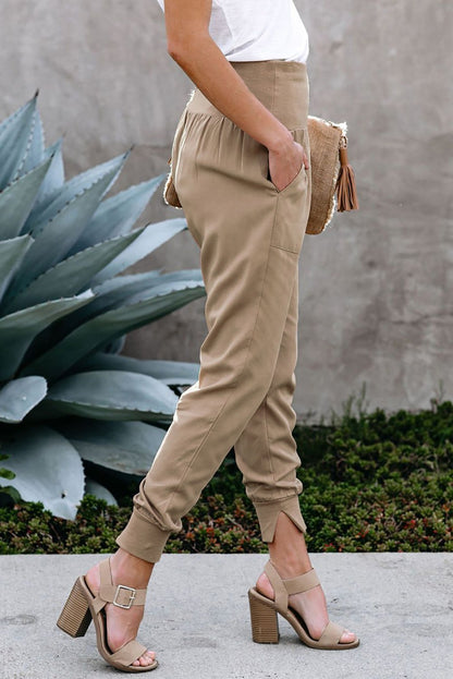 Women's Khaki Wide Waistband Pocketed Joggers