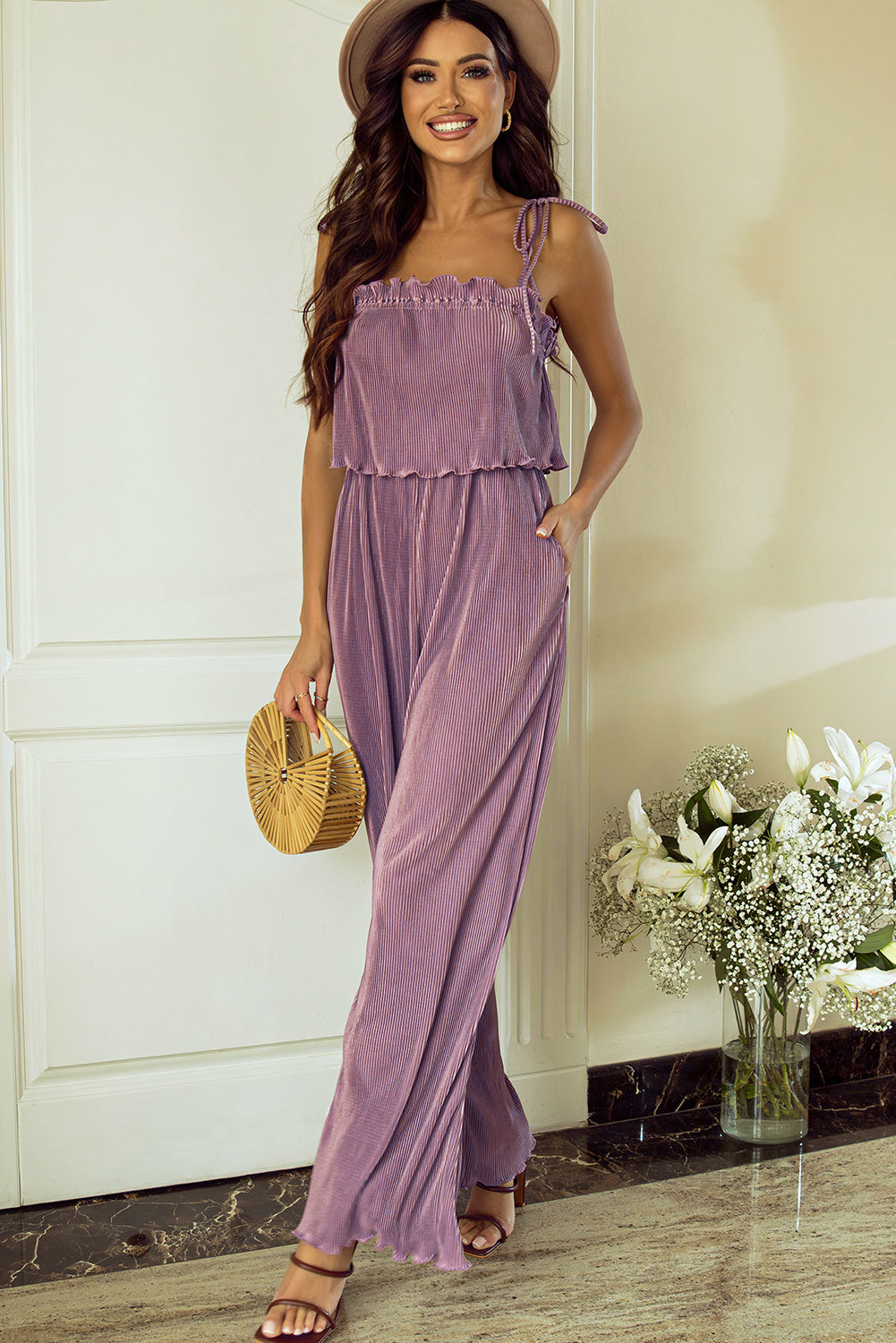 Tied Straps Pleated Wide Leg Jumpsuit