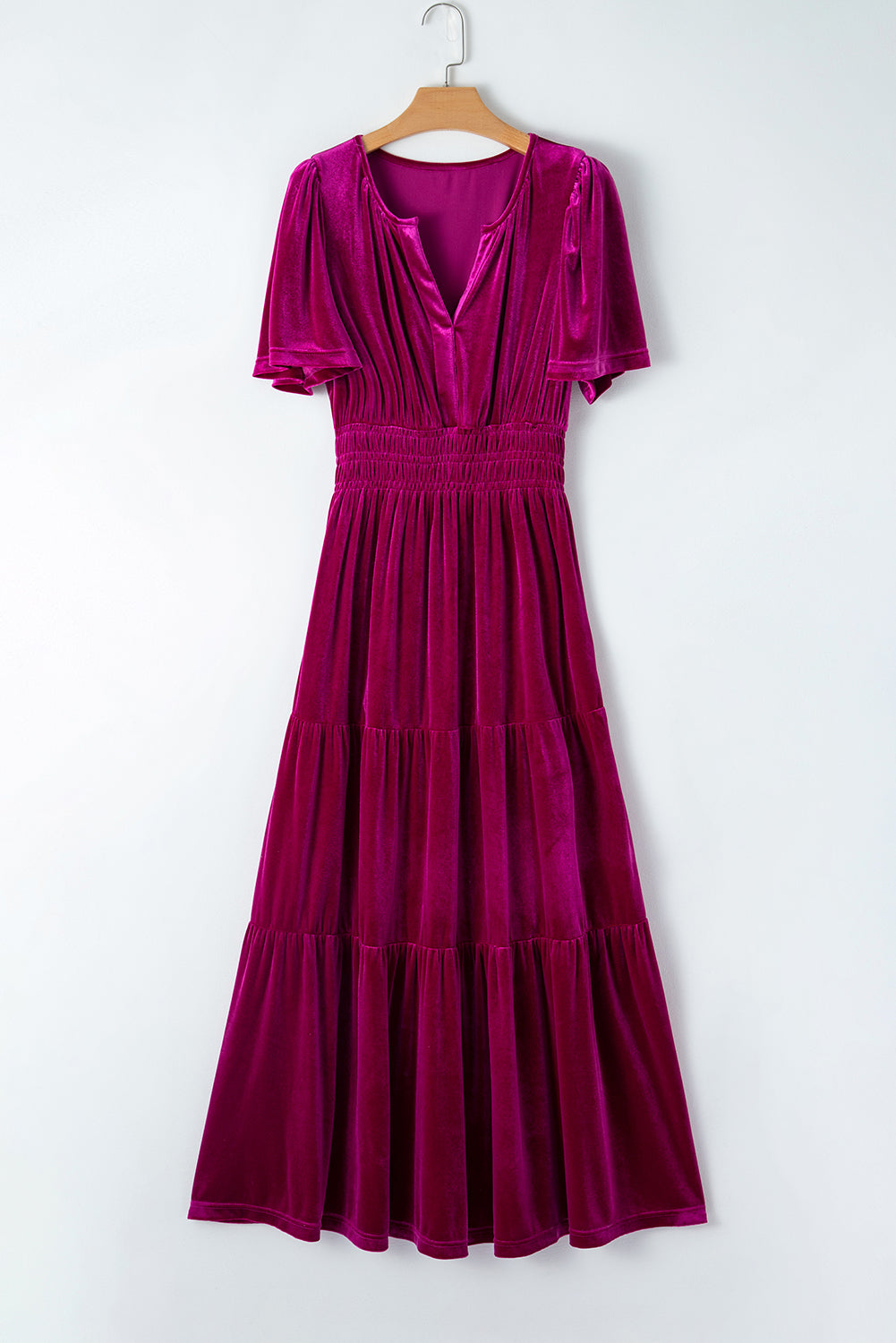 Velvet Shirred Waist Tiered Maxi Dress