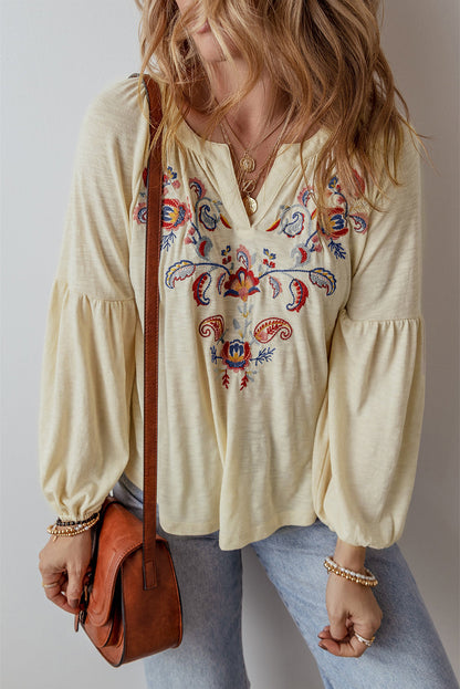 Paisley Embroidered Notch Blouse