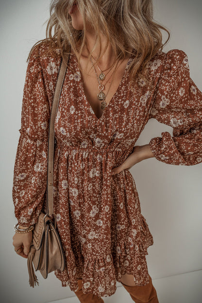 Boho Floral Ruffled Puff Sleeve Mini Dress