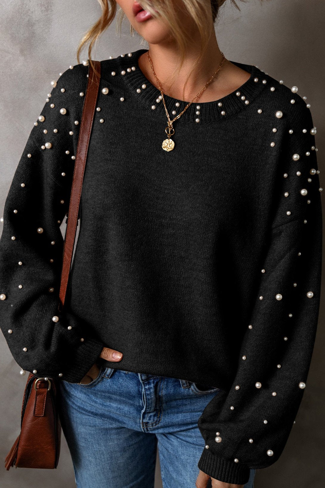 Pearled Drop Shoulder Round Neck Sweater